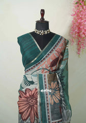 Multicolor with Peacock Jade - Pragathi - Linen Cotton Saree Big Flower Prints with Tiny Border - Perfect for Office Wear | Summer wear | Casual Wear