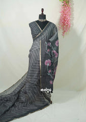 Elephant Grey - Pragathi - Linen Cotton Saree Floral pallu with Tiny Border - Perfect for Office Wear | Summer wear | Casual Wear