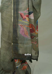 Olive Grey - Pragathi - Linen Cotton Saree Big Leaf Print wiht Contrast Blouse - Perfect for Office Wear | Summer wear | Casual Wear