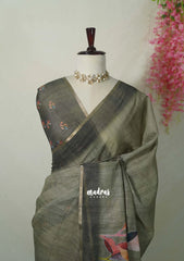 Olive Grey - Pragathi - Linen Cotton Saree Big Leaf Print wiht Contrast Blouse - Perfect for Office Wear | Summer wear | Casual Wear