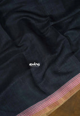 Midnight Black - Pragath - Linen Cotton Saree Plain with Checks Border and Blouse - Perfect for Office Wear | Summer wear | Casual Wear