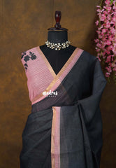 Midnight Black - Pragath - Linen Cotton Saree Plain with Checks Border and Blouse - Perfect for Office Wear | Summer wear | Casual Wear