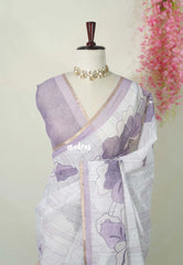 Ivory White - Pragathi - Linen Cotton Saree Floral Print and Tiny Border - Perfect for Office Wear | Summer wear | Casual Wear