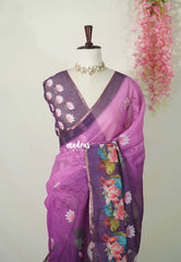 Lavender Plum - Pragathi - Linen Cotton Saree with Pichwai Border - Perfect for Office Wear | Summer wear | Casual Wear
