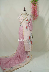 Blush Pink - Pragathi - Linen Cotton Saree with Cow Print Border, Pallu and Blouse - Perfect for Office Wear | Summer wear | Casual Wear
