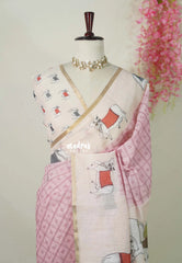 Blush Pink - Pragathi - Linen Cotton Saree with Cow Print Border, Pallu and Blouse - Perfect for Office Wear | Summer wear | Casual Wear