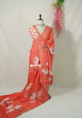 Peach Orange - Pragathi - Linen Cotton Saree with Buttas Leaf Border - Perfect for Office Wear | Summer wear | Casual Wear