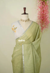 Olive Sage Mist - Pragath - Linen Cotton Saree Stripes with Tiny Border - Perfect for Office Wear | Summer wear | Casual Wear