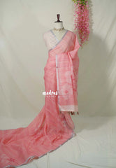 Peach Pink - Pragathi - Linen Cotton Saree with Floral Tiny Border - Perfect for Office Wear | Summer wear | Casual Wear