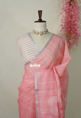 Peach Pink - Pragathi - Linen Cotton Saree with Floral Tiny Border - Perfect for Office Wear | Summer wear | Casual Wear