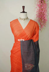 Sunset Orange - Pragathi - Linen Cotton Saree Contrast Pallu - Perfect for Office Wear | Summer wear | Casual Wear