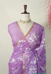 Lilac Purple - Pragath - Linen Cotton Saree with Floral Prints - Perfect for Office Wear | Summer wear | Casual Wear
