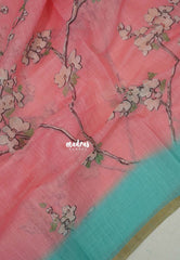 Peach Pink - Pragath - Linen Cotton Saree with Floral Prints - Perfect for Office Wear | Summer wear | Casual Wear