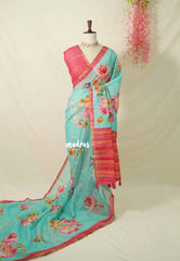 Aqua Green - Pragath - Linen Cotton Saree with Floral Prints - Perfect for Office Wear | Summer wear | Casual Wear