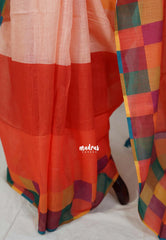 Amber Orange - Pragathi - Linen Cotton Saree with Checks Border and Blouse - Perfect for Office Wear | Summer wear | Casual Wear