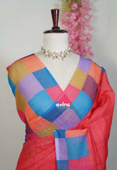 Peach Red - Pragathi - Linen Cotton Saree Plain with Checks Border and Blouse - Perfect for Office Wear | Summer wear | Casual Wear