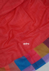 Peach Red - Pragathi - Linen Cotton Saree Plain with Checks Border and Blouse - Perfect for Office Wear | Summer wear | Casual Wear