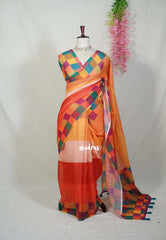 Amber Orange - Pragathi - Linen Cotton Saree with Checks Border and Blouse - Perfect for Office Wear | Summer wear | Casual Wear
