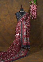 Reddish Maroon - Pragath - Linen Cotton Saree with Pichwai Lotus and Cow Prints - Perfect for Office Wear | Summer wear | Casual Wear