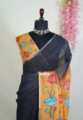 Midnight Black - Pragathi - Linen Cotton Saree with Pichwai Pallu and Blouse - Perfect for Office Wear | Summer wear | Casual Wear