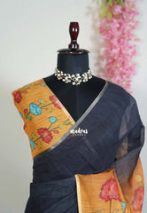 Midnight Black - Pragathi - Linen Cotton Saree with Pichwai Pallu and Blouse - Perfect for Office Wear | Summer wear | Casual Wear