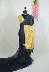Elephant Black - Pragathi - Linen Cotton Saree with Pichwai Pallu and Blouse and Buttas - Perfect for Office Wear | Summer wear | Casual Wear