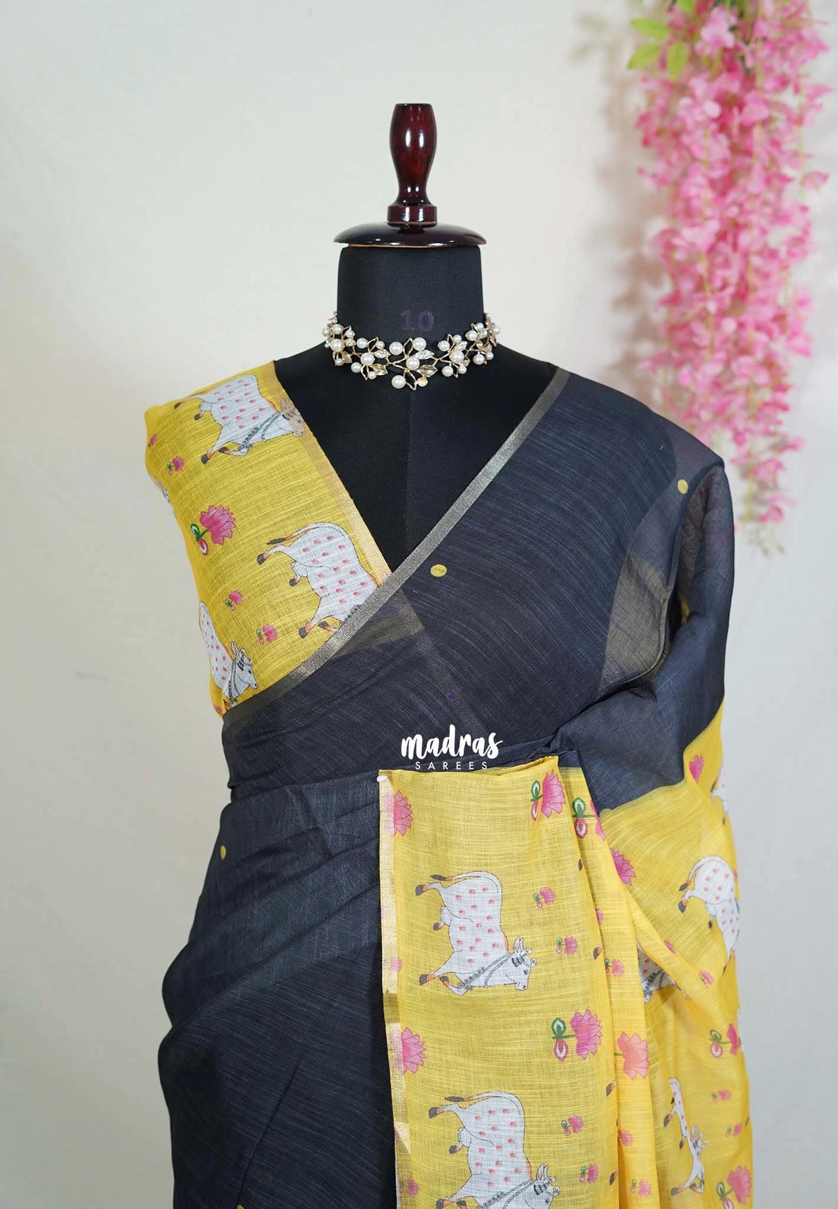 Elephant Black - Pragathi - Linen Cotton Saree with Pichwai Pallu and Blouse and Buttas - Perfect for Office Wear | Summer wear | Casual Wear