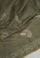 Olive Tone - Pragathi - Linen Cotton Saree with Batik Prints Contrast Pallu and Blouse - Perfect for Office Wear | Casual Wear