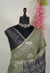 Olive Tone - Pragathi - Linen Cotton Saree with Batik Prints Contrast Pallu and Blouse - Perfect for Office Wear | Casual Wear