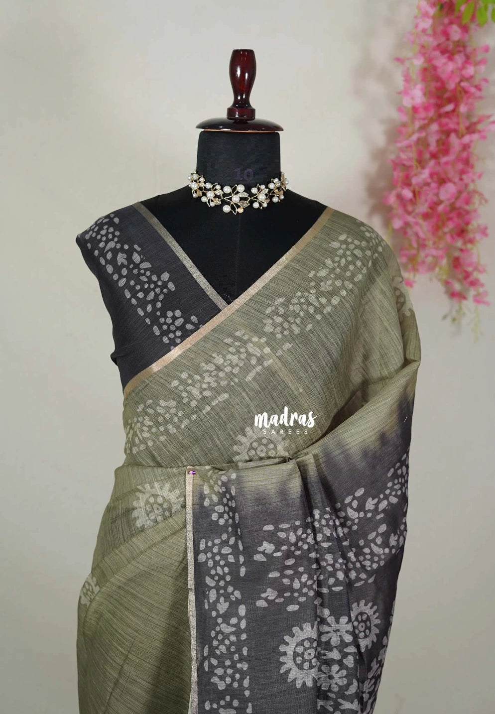 Olive Tone - Pragathi - Linen Cotton Saree with Batik Prints Contrast Pallu and Blouse - Perfect for Office Wear | Casual Wear