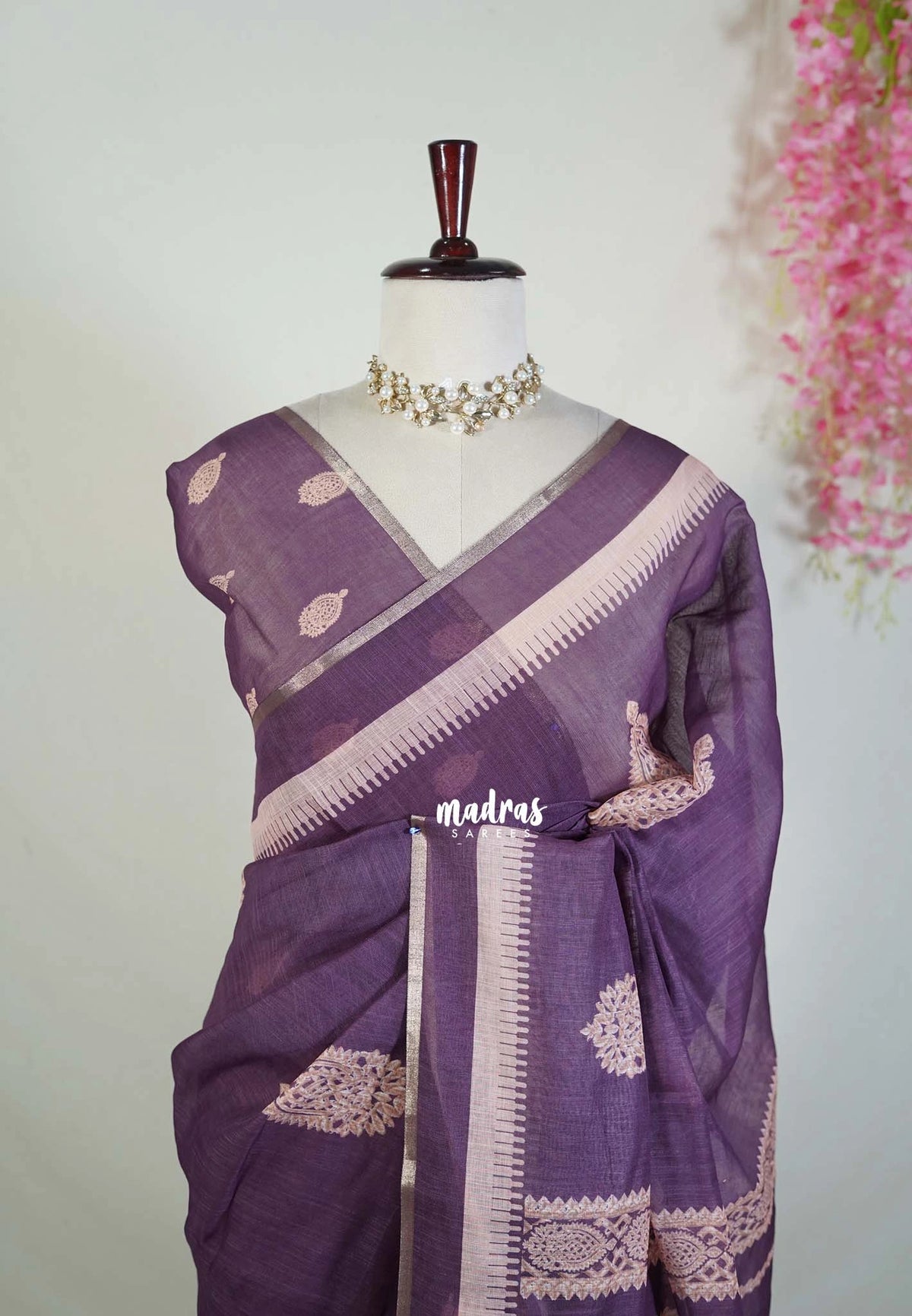 Muted Jamun Purple - Pragathi - Linen Cotton Saree with Motif Prints - Perfect for Office Wear | Summer wear | Casual Wear