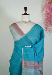 Teal Blue - Pragathi - Linen Cotton Saree with Big Leaf Prints - Perfect for Office Wear | Summer wear | Casual Wear