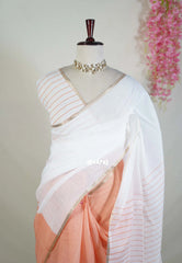 Ivory White and Rust Peach - Linen Cotton Saree Partly Pallu with Tiny Border - Best for Office Wear | Casual Wear