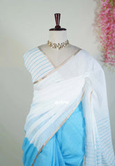 Ivory White and Sky Blue - Linen Cotton Saree Partly Pallu with Tiny Border - Best for Office Wear | Casual Wear