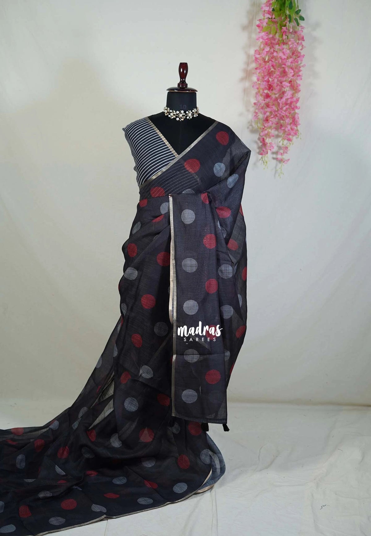Elephant Black - Pragathi - Linen Cotton Saree with Ball Butta Prints - Perfect for Office Wear | Summer wear | Casual Wear