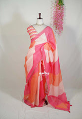 Flamingo Pink and Orange - Pragathi - Linen Cotton Saree with Multicolour Stripes - Perfect for Office Wear | Summer Wear | Casual Wear