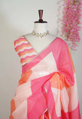 Flamingo Pink and Orange - Pragathi - Linen Cotton Saree with Multicolour Stripes - Perfect for Office Wear | Summer Wear | Casual Wear