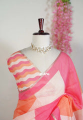 Flamingo Pink and Orange - Pragathi - Linen Cotton Saree with Multicolour Stripes - Perfect for Office Wear | Summer Wear | Casual Wear
