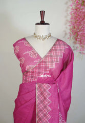 Berry Pink - Pragathi - Linen Cotton Saree with Checked Border - Perfect for Office Wear | Summer Wear | Casual Wear