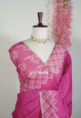 Berry Pink - Pragathi - Linen Cotton Saree with Checked Border - Perfect for Office Wear | Summer Wear | Casual Wear