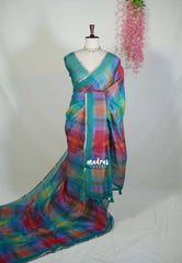 Peacock Multicolour - Pragathi - Linen Cotton Saree with Rainbow Madras Checks - Perfect for Office Wear | Summer Wear | Casual Wear