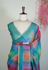 Peacock Multicolour - Pragathi - Linen Cotton Saree with Rainbow Madras Checks - Perfect for Office Wear | Summer Wear | Casual Wear