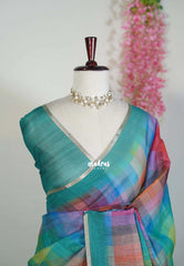 Peacock Multicolour - Pragathi - Linen Cotton Saree with Rainbow Madras Checks - Perfect for Office Wear | Summer Wear | Casual Wear