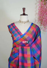 Rainbow Checks - Pragathi - Linen Cotton Saree with Madras Checks - Perfect for Office Wear | Summer wear | Casual Wear
