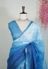 Azure Waves of Blue - Pragathi - Linen Cotton Saree with Artistic Prints - Perfect for Office Wear | Summer Wear | Casual Wear