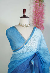 Azure Waves of Blue - Pragathi - Linen Cotton Saree with Artistic Prints - Perfect for Office Wear | Summer Wear | Casual Wear