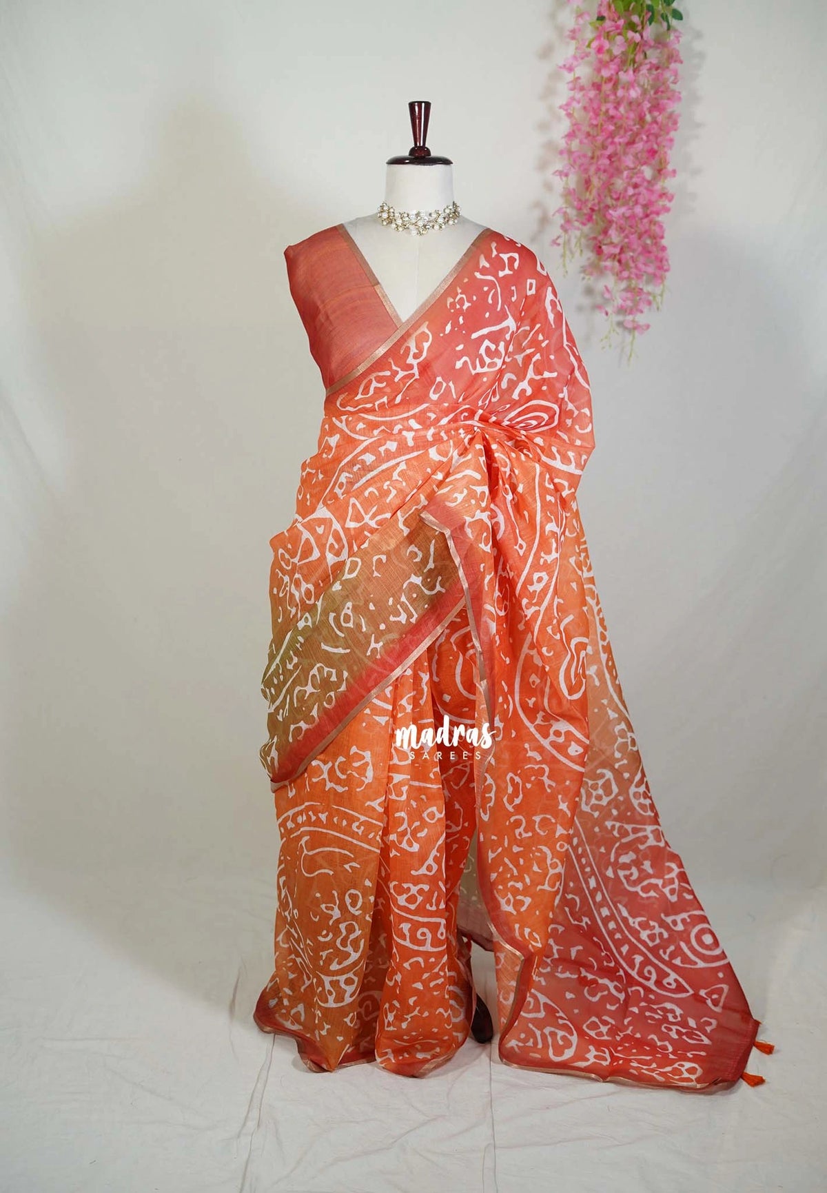 Coral Orange - Pragathi - Linen Cotton Saree with Floral Prints - Perfect for Office Wear | Summer Wear | Casual Wear