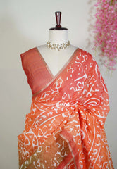 Coral Orange - Pragathi - Linen Cotton Saree with Floral Prints - Perfect for Office Wear | Summer Wear | Casual Wear