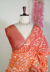 Coral Orange - Pragathi - Linen Cotton Saree with Floral Prints - Perfect for Office Wear | Summer Wear | Casual Wear