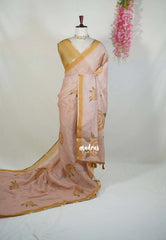Sand Brown - Pragathi - Linen Cotton Saree with Flower Prints and Contrast Blouse - Perfect for Office Wear | Casual Wear